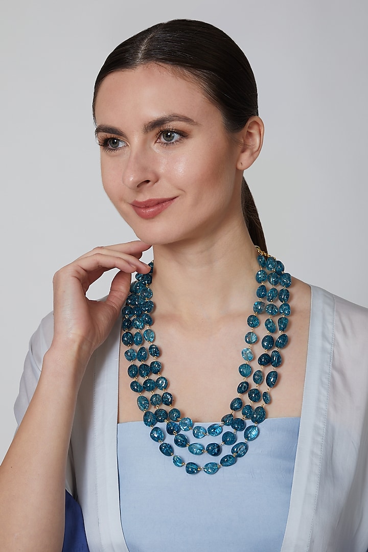Teal Blue Glass Beaded Necklace by Moh-Maya By Disha Khatri