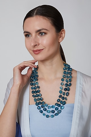 Teal Blue Glass Beaded Necklace by Moh-Maya By Disha Khatri