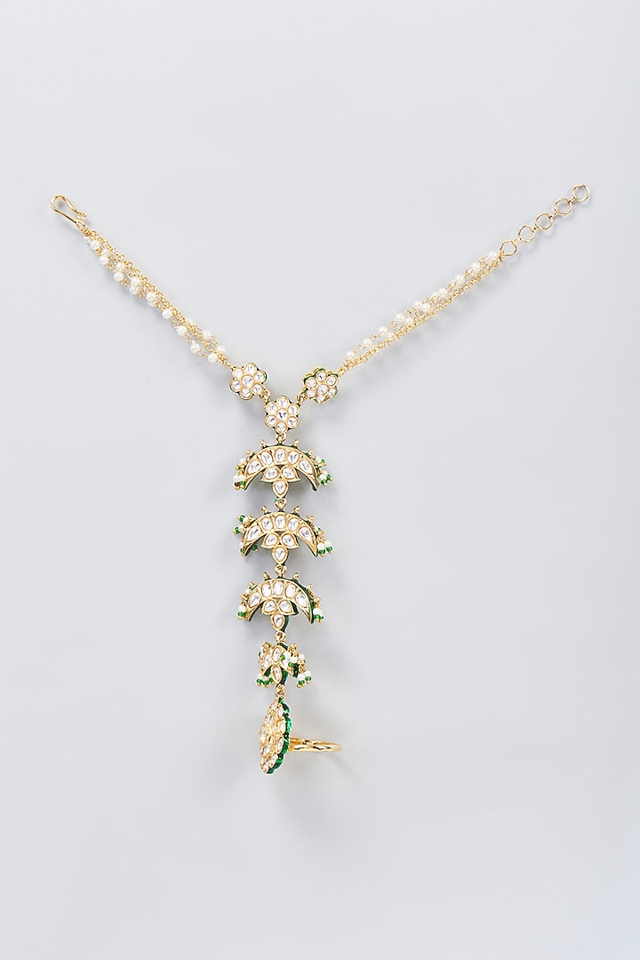 Gold Finish Green Meenakari Haathphool (Set of 2) by Moh-Maya by Disha Khatri at Pernia's Pop Up Shop
