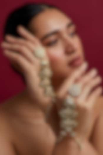 Gold Finish Green Meenakari Haathphool (Set of 2) by Moh-Maya by Disha Khatri at Pernia's Pop Up Shop