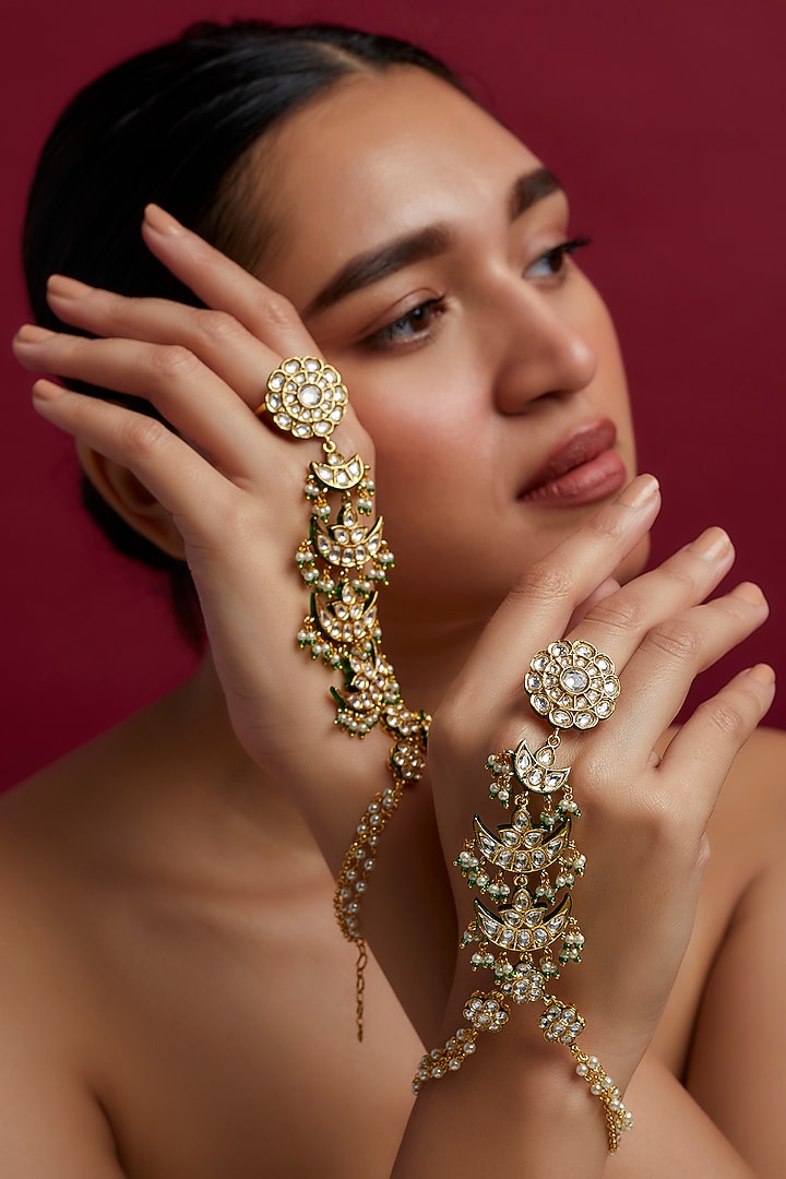 Gold Finish Green Meenakari Haathphool (Set of 2) by Moh-Maya by Disha Khatri at Pernia's Pop Up Shop