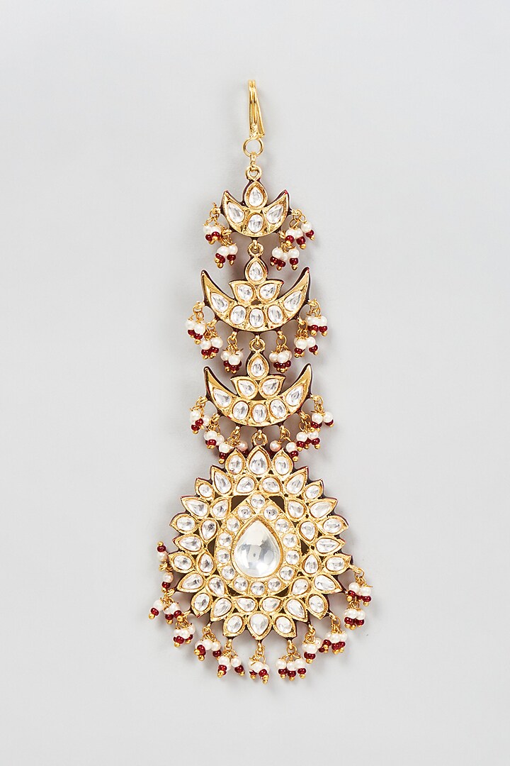 Gold Finish Red Meenakari Maang Tikka by Moh-Maya by Disha Khatri at Pernia's Pop Up Shop