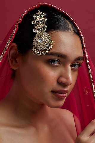 Gold Finish Green Meenakari Maang Tikka by Moh-Maya by Disha Khatri