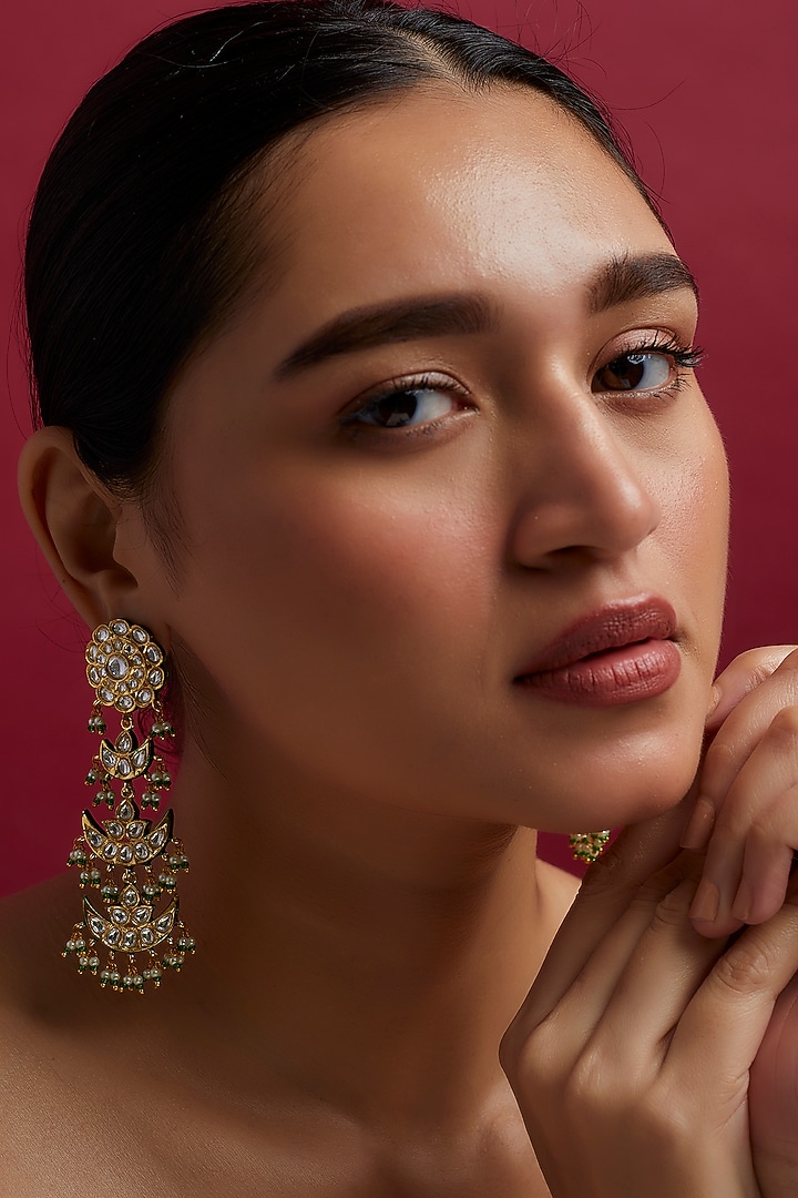 Gold Finish Green Meenakari Dangler Earrings by Moh-Maya by Disha Khatri at Pernia's Pop Up Shop
