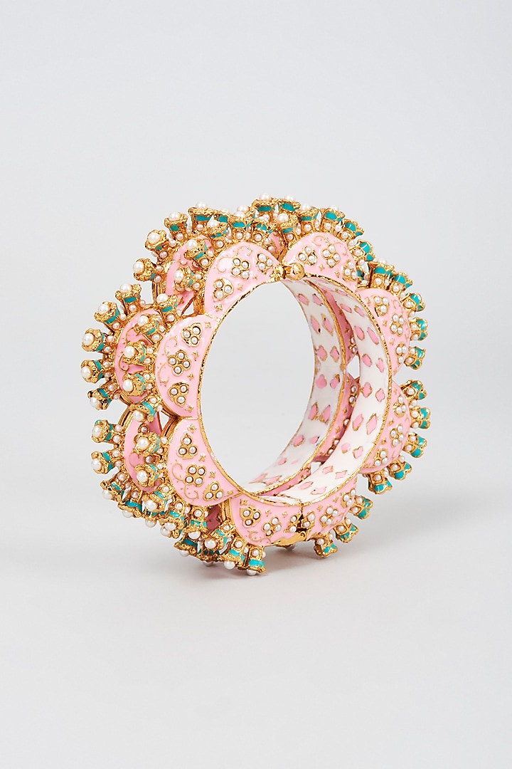Gold Finish Pink Meenakari Bangles (Set of 2) by Moh-Maya by Disha Khatri at Pernia's Pop Up Shop