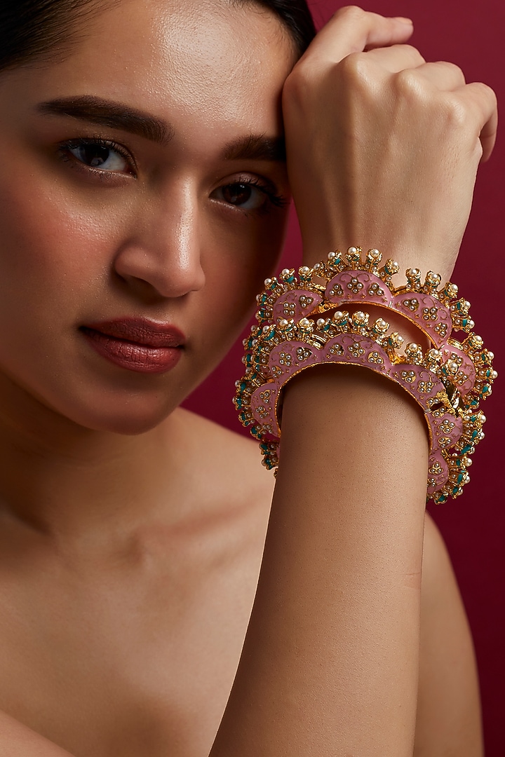 Gold Finish Pink Meenakari Bangles (Set of 2) by Moh-Maya by Disha