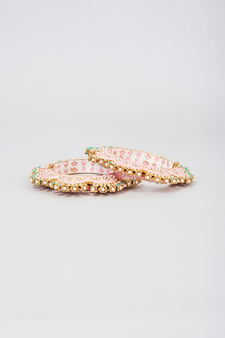 Gold Finish Pink Meenakari Bangles (Set of 2) by Moh-Maya by Disha Khatri at Pernia's Pop Up Shop