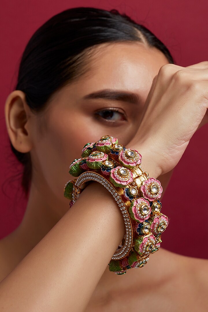 Gold Finish Multi-Colored Meenakari Bangles (Set of 2) by Moh-Maya by Disha Khatri at Pernia's Pop Up Shop