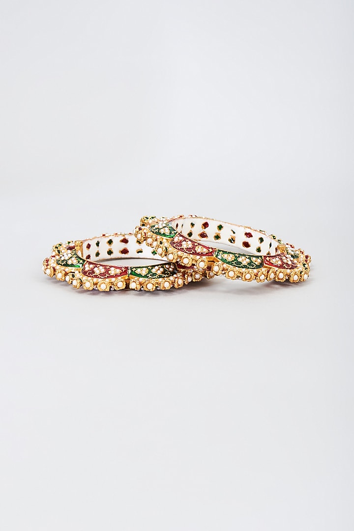 Gold Finish Green & Red Meenakari Bangles (Set of 2) by Moh-Maya by Disha Khatri at Pernia's Pop Up Shop