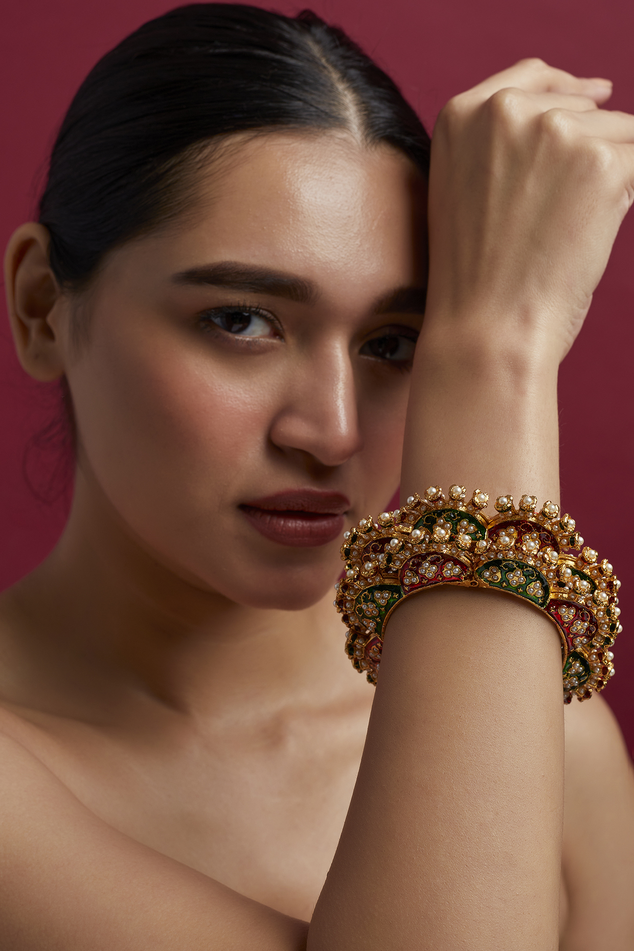 Gold Finish Green & Red Meenakari Bangles (Set of 2) by Moh-Maya by Disha Khatri