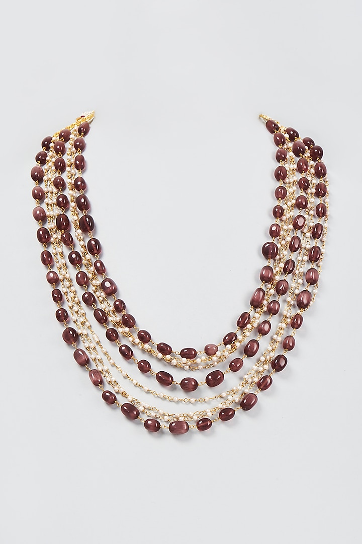 Gold Finish Purple Beaded Long Necklace by Moh-Maya by Disha Khatri