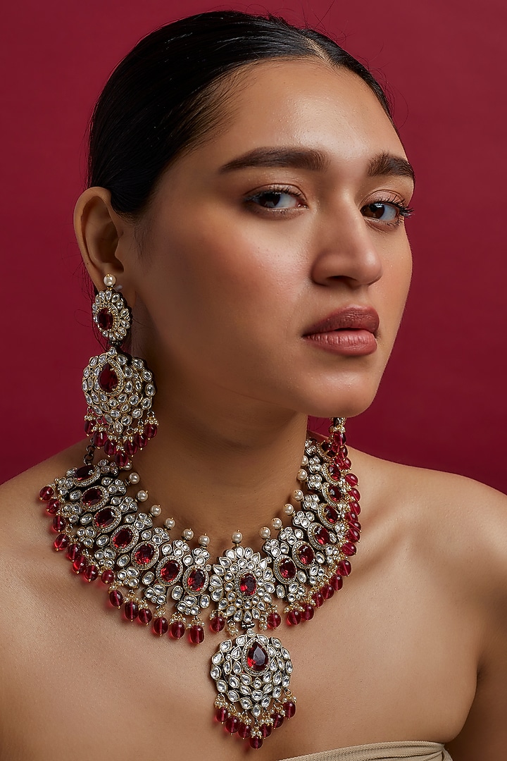 Gold Finish Red Stone Choker Necklace Set by Moh-Maya by Disha Khatri at Pernia's Pop Up Shop