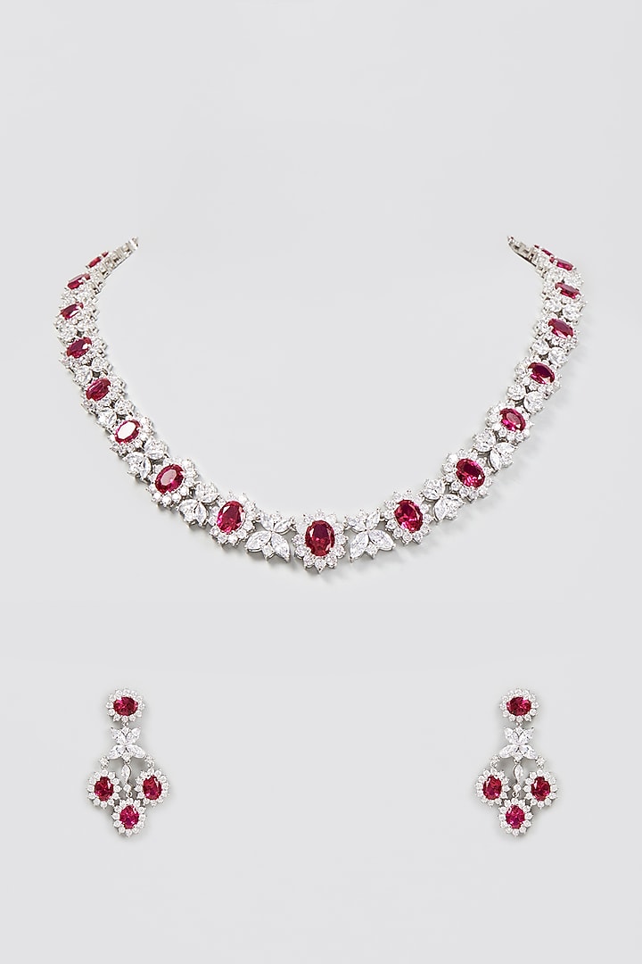 White Finish Hot Pink Stone Choker Necklace Set by Moh-Maya by Disha Khatri at Pernia's Pop Up Shop