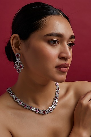 White Finish Hot Pink Stone Choker Necklace Set by Moh-Maya by Disha Khatri