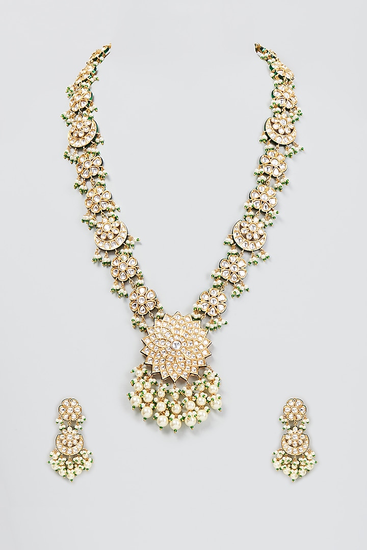 Gold Finish Green Meenakari Necklace Set by Moh-Maya by Disha Khatri