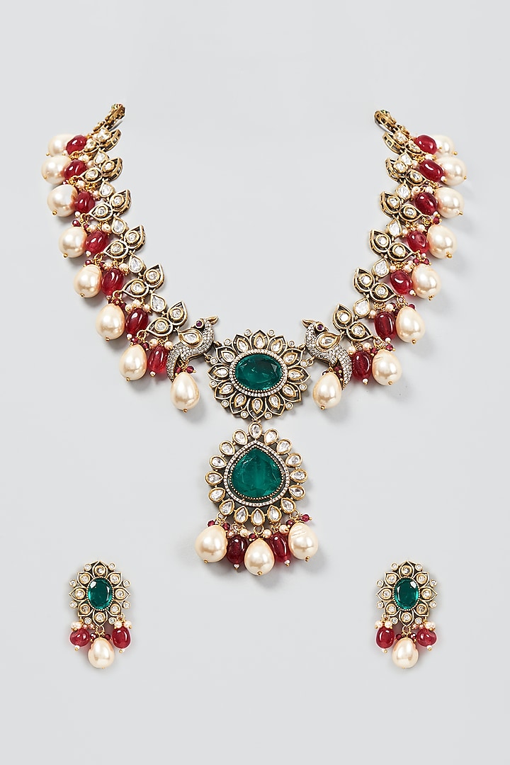 Gold Finish Red Beaded Necklace Set by Moh-Maya by Disha Khatri