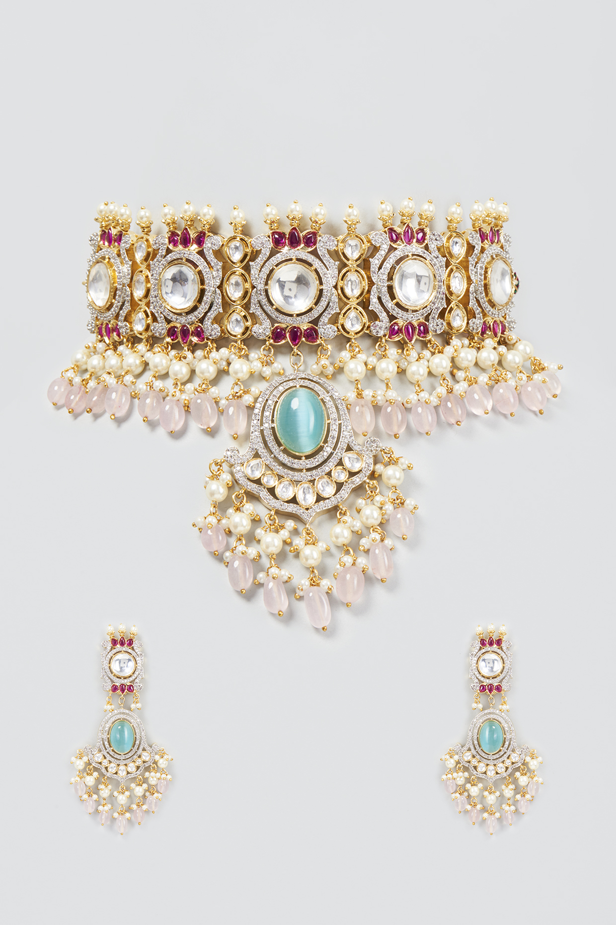 Gold Finish Kundan Polki Choker Necklace Set by Moh-Maya by Disha Khatri