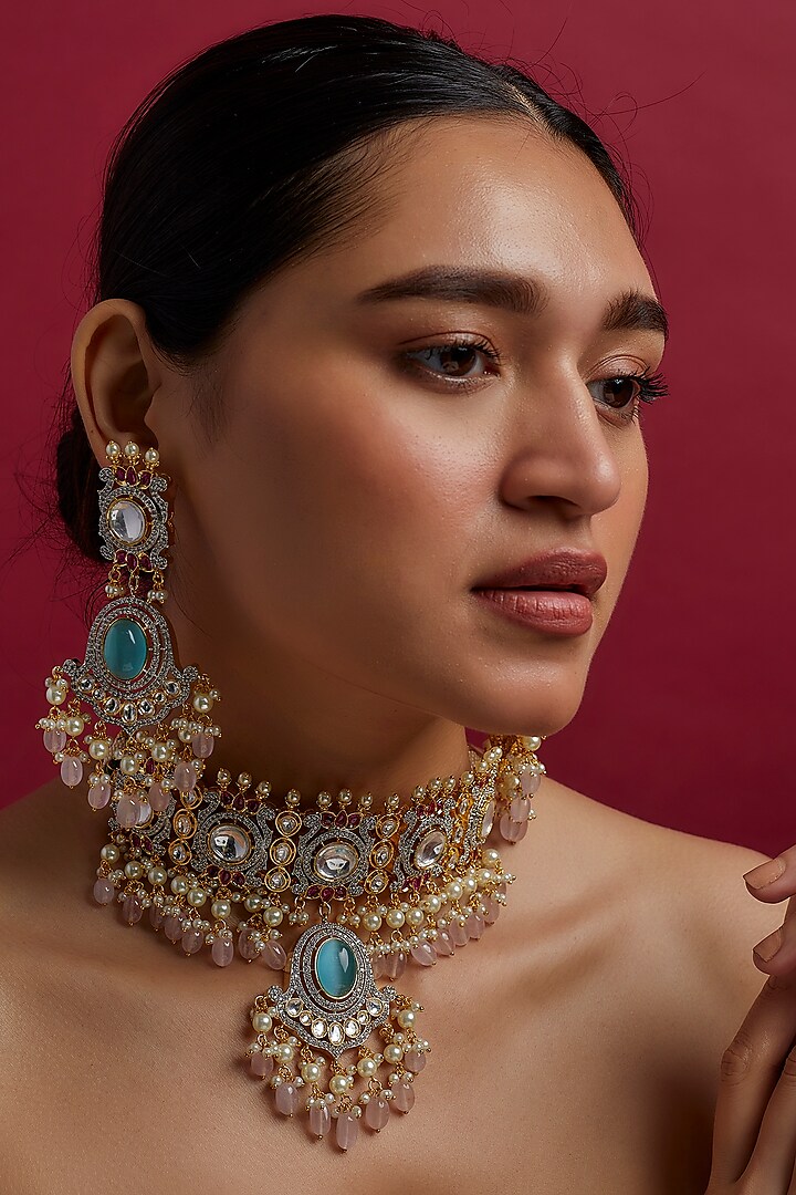 Gold Finish Kundan Polki Choker Necklace Set by Moh-Maya by Disha Khatri