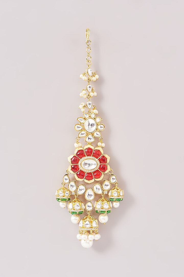 Gold Finish Red Kundan Polki & Pearl Maang Tikka by Moh-Maya by Disha Khatri at Pernia's Pop Up Shop