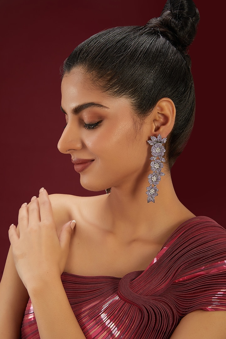 White Finish Zircon & Purple Stone Dangler Earrings by Moh-Maya by Disha Khatri at Pernia's Pop Up Shop