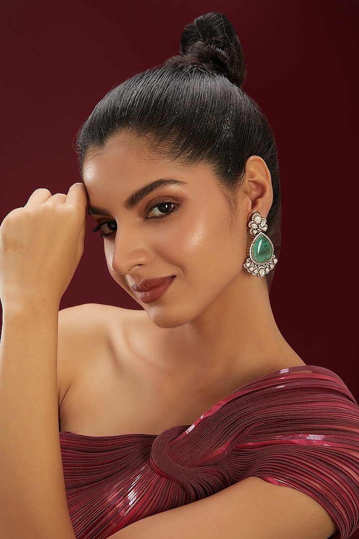 Gold Finish Kundan Polki & Mint Green Stone Dangler Earrings by Moh-Maya by Disha Khatri at Pernia's Pop Up Shop
