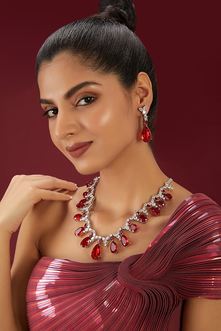 White Finish Zircon & Ruby Stone Long Necklace Set by Moh-Maya by Disha Khatri at Pernia's Pop Up Shop