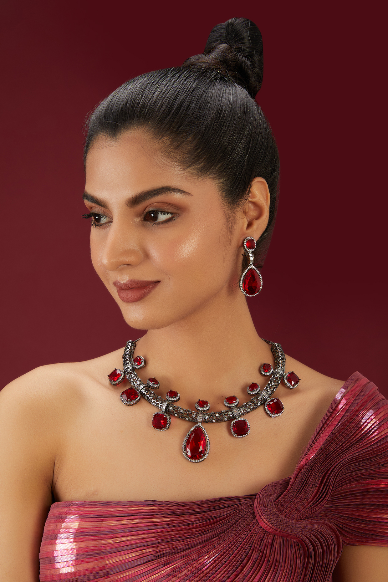 Black Rhodium Finish Zircon & Ruby Stone Choker Necklace Set by Moh-Maya by Disha Khatri at Pernia's Pop Up Shop