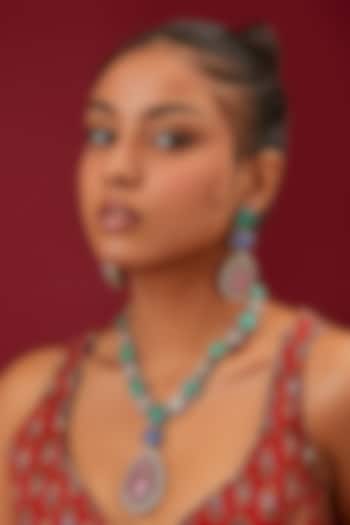 White Finish Zircon & Multi-Colored Stone Long Necklace Set by Moh-Maya by Disha Khatri at Pernia's Pop Up Shop