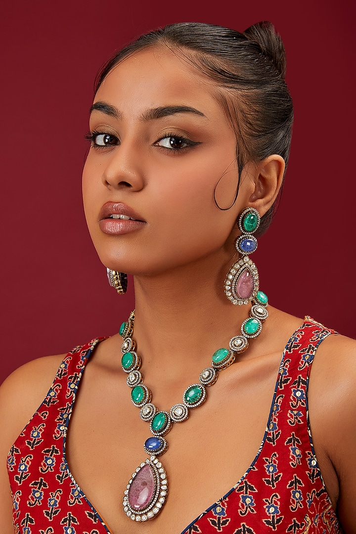 White Finish Zircon & Multi-Colored Stone Long Necklace Set by Moh-Maya by Disha Khatri at Pernia's Pop Up Shop