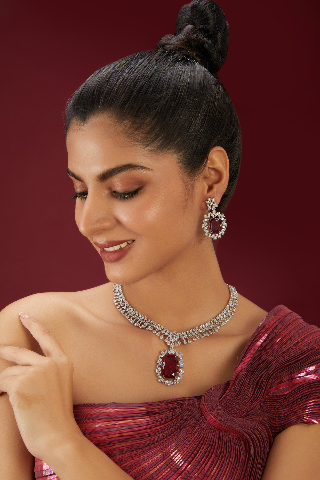 White Finish Zircon & Ruby Stone Choker Necklace Set by Moh-Maya by Disha Khatri at Pernia's Pop Up Shop