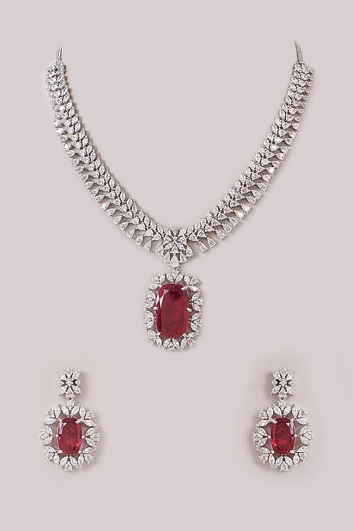White Finish Zircon & Ruby Stone Choker Necklace Set by Moh-Maya by Disha Khatri at Pernia's Pop Up Shop