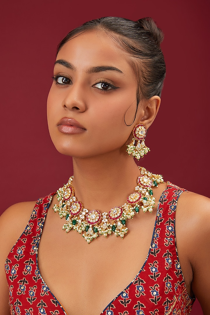 Gold Finish Kundan Polki & Ruby Stone Beaded Choker Necklace Set by Moh-Maya by Disha Khatri at Pernia's Pop Up Shop