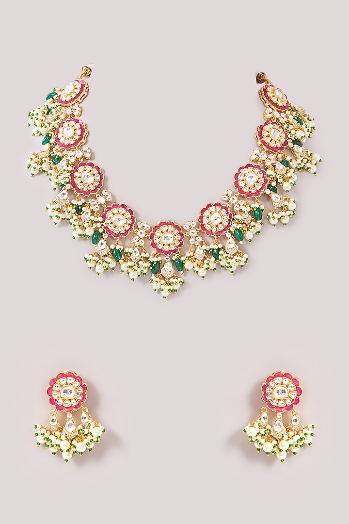 Gold Finish Kundan Polki & Ruby Stone Beaded Choker Necklace Set by Moh-Maya by Disha Khatri at Pernia's Pop Up Shop