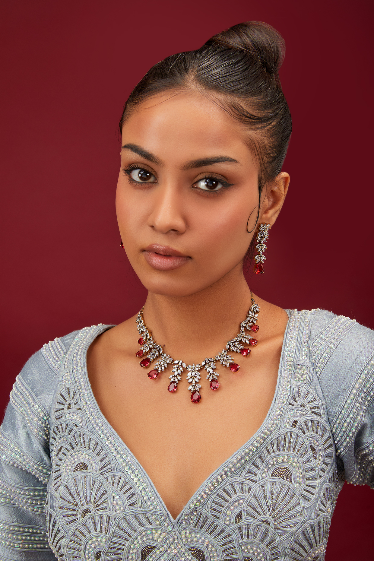 White Finish Zircon & Ruby Stone Choker Necklace Set by Moh-Maya by Disha Khatri at Pernia's Pop Up Shop