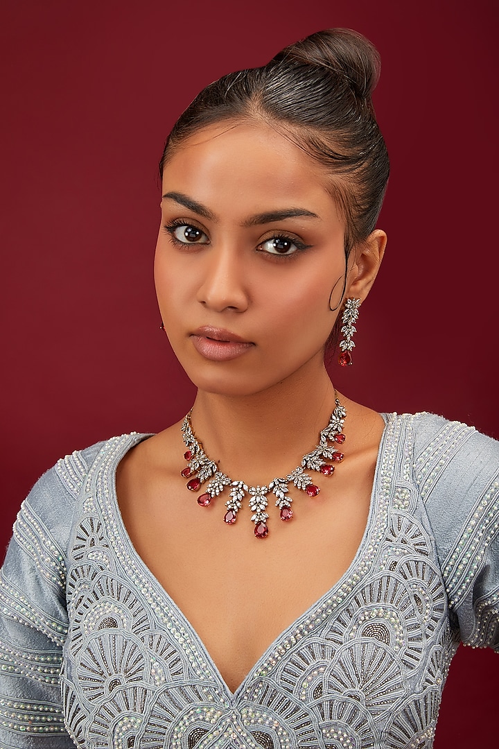 White Finish Zircon & Ruby Stone Choker Necklace Set by Moh-Maya by Disha Khatri at Pernia's Pop Up Shop