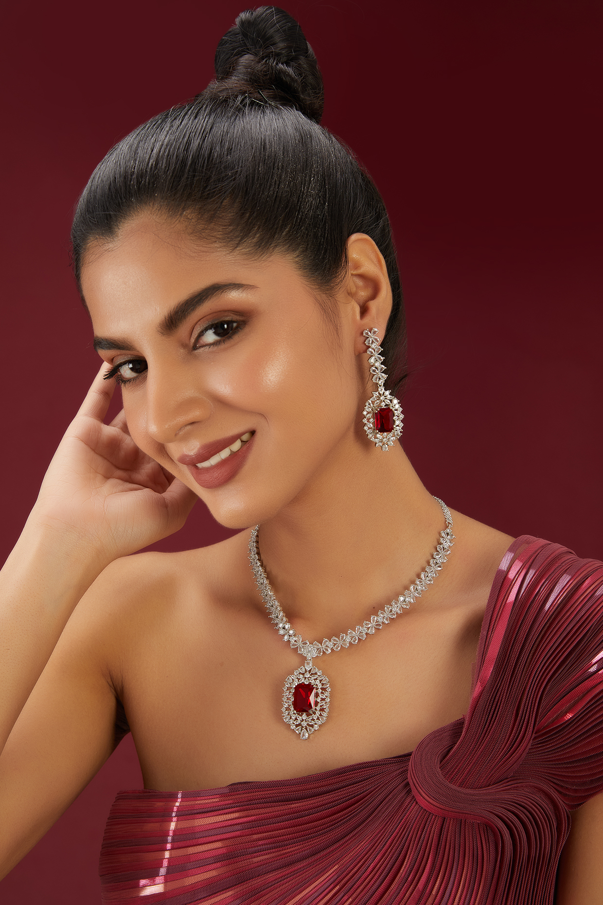 White Finish Zircon & Ruby Stone Choker Necklace Set by Moh-Maya by Disha Khatri at Pernia's Pop Up Shop