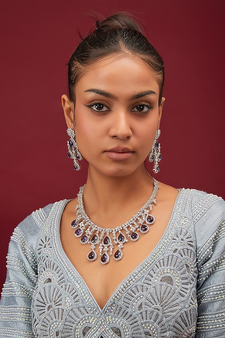 White Finish Zircon & Sapphire Necklace Set by Moh-Maya by Disha Khatri