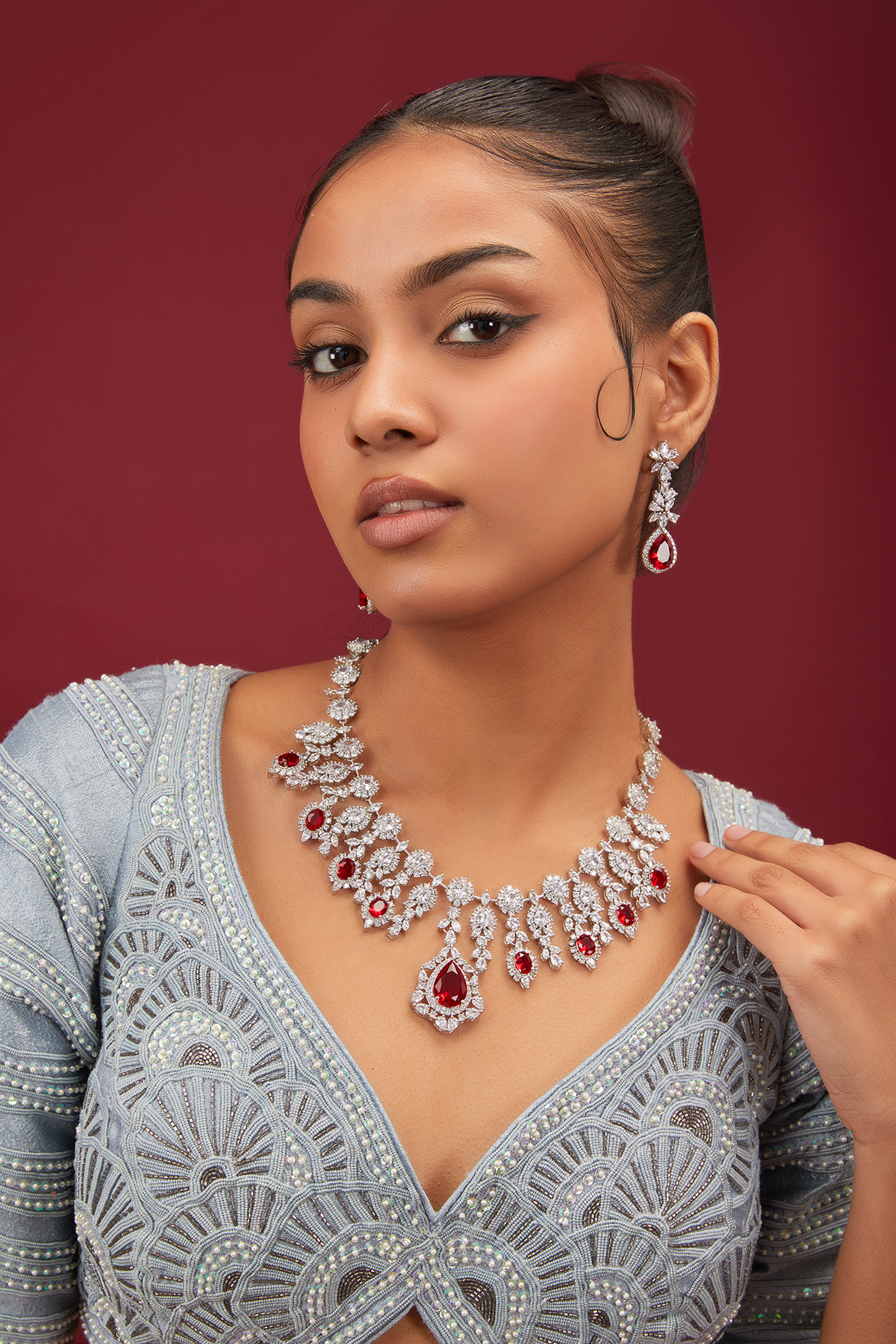 White Finish Zircon & Ruby Necklace Set by Moh-Maya by Disha Khatri at Pernia's Pop Up Shop