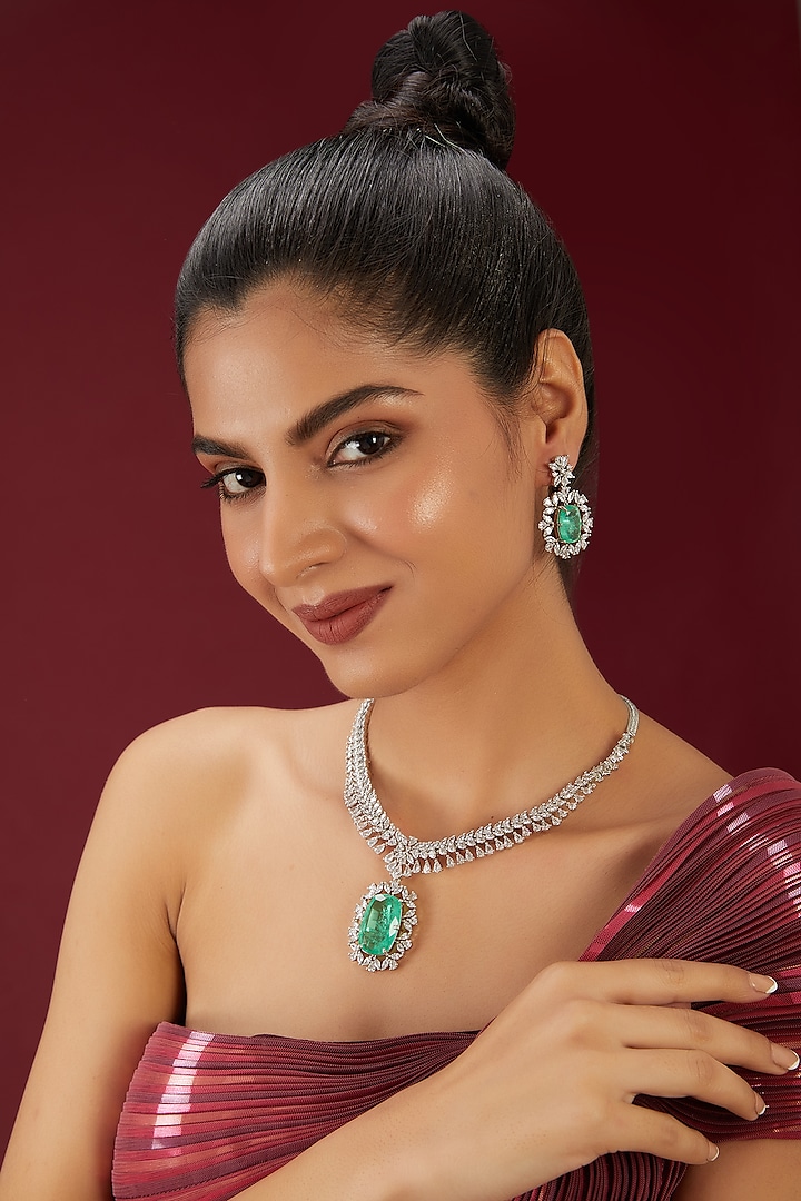 White Finish Zircon & Mint Green Stone Necklace Set by Moh-Maya by Disha Khatri