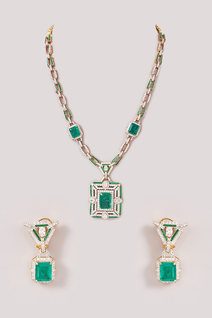 Gold Finish Zircon & Emerald Long Necklace Set by Moh-Maya by Disha Khatri at Pernia's Pop Up Shop
