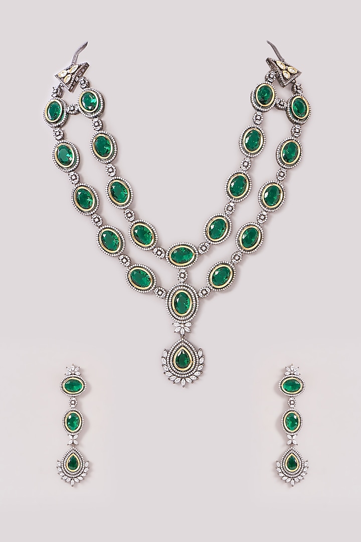 Black Rhodium Finish Zircon & Emerald Layered Necklace Set by Moh-Maya by Disha Khatri at Pernia's Pop Up Shop