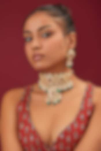 Gold Finish Kundan Polki & Ruby Stone Choker Necklace Set by Moh-Maya by Disha Khatri at Pernia's Pop Up Shop