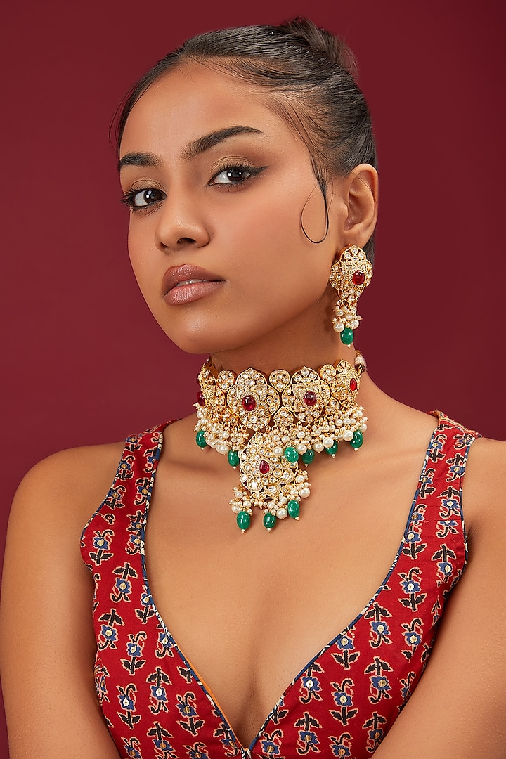 Gold Finish Kundan Polki & Ruby Stone Choker Necklace Set by Moh-Maya by Disha Khatri at Pernia's Pop Up Shop