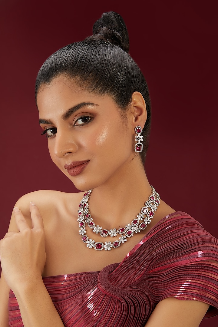 White Finish Zircon & Ruby Stone Layered Necklace Set by Moh-Maya by Disha Khatri at Pernia's Pop Up Shop