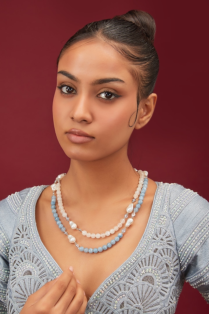 White Finish Blue Beaded & Baroque Pearl Layered Necklace by Moh-Maya by Disha Khatri at Pernia's Pop Up Shop