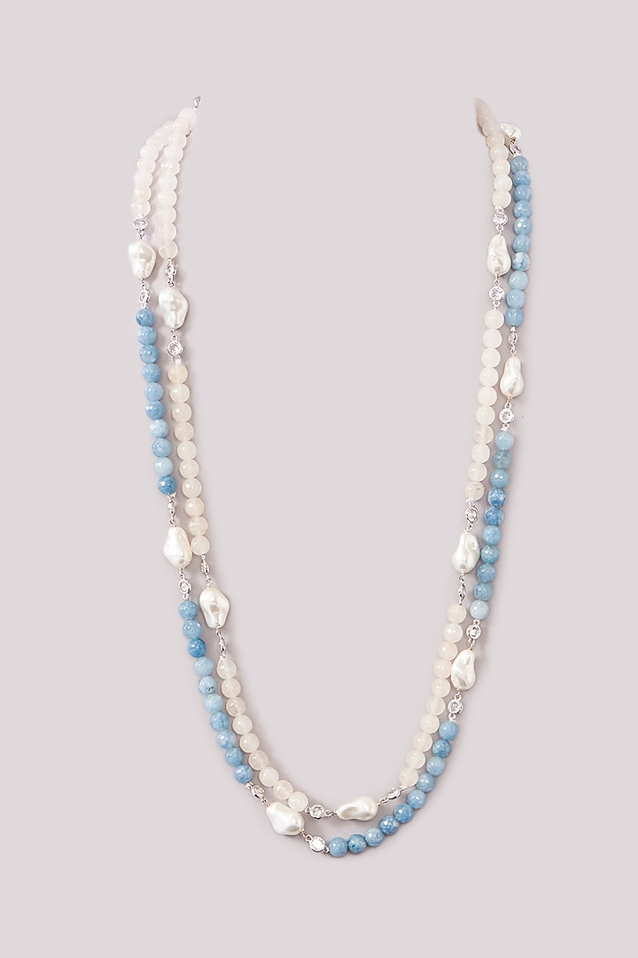 White Finish Blue Beaded & Baroque Pearl Layered Necklace by Moh-Maya by Disha Khatri at Pernia's Pop Up Shop