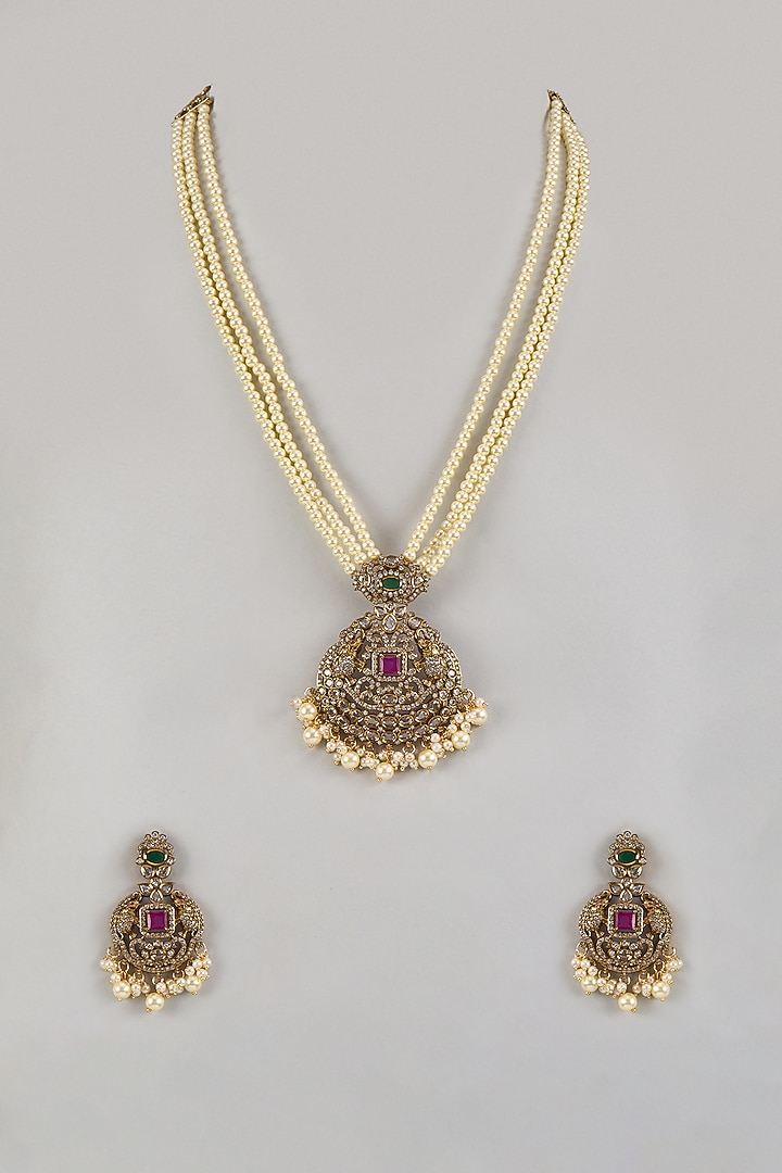 Gold Finish Kundan Polki & Pearl Long Necklace Set by Moh-Maya by Disha Khatri at Pernia's Pop Up Shop