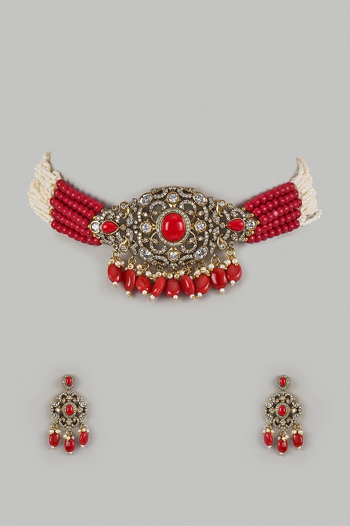 Gold Finish Kundan Polki & Pearl Choker Necklace Set by Moh-Maya by Disha Khatri at Pernia's Pop Up Shop