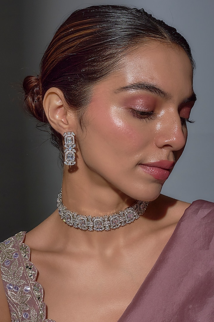 White Finish Zircon Choker Necklace Set by Moh-Maya by Disha Khatri at Pernia's Pop Up Shop