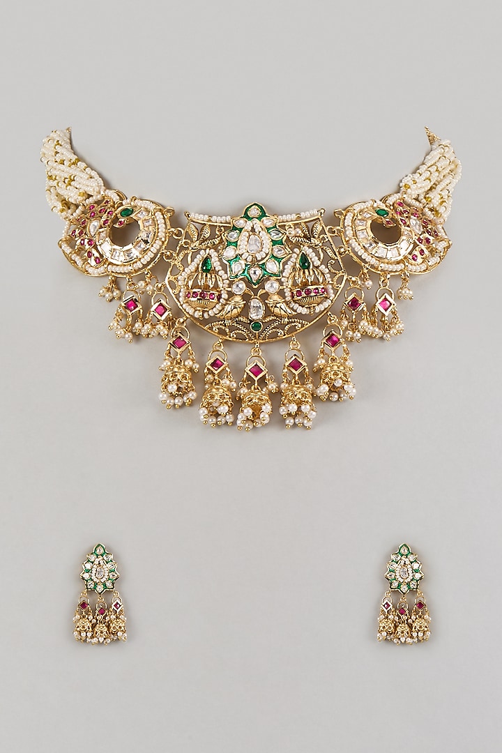 Gold Finish Ruby & Emerald Choker Necklace Set by Moh-Maya by Disha Khatri at Pernia's Pop Up Shop